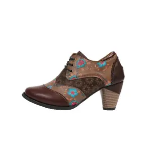 BDHJYDB Women's Chunky Heel Round Toe Boots - Upper with Lace-Up Ankle Boots, Brown & Turquoise Floral Pattern, Durable PVC Sole & Cushioned Insole - All-Season Casual to Formal Shoes for Women (Brown, Blue, Red, Black, Beige) - Textured Finish, Chunky He