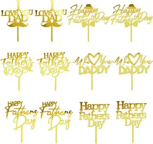 12 Piece Happy Father's Day Cake Topper - Father's Day Golden Glitter Birthday Cake Decoration Dad Party Supplies (Acrylic 12)