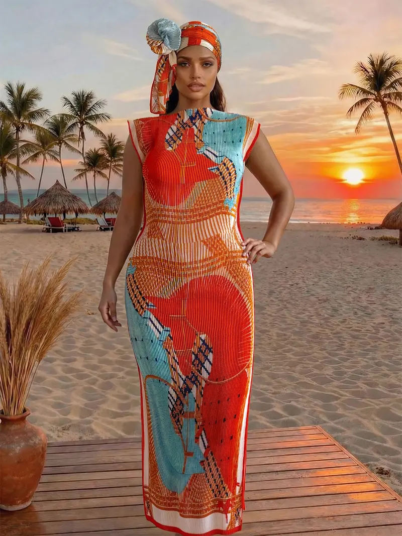 Women's Boho Style Long Robe Set, Moomoo Dress + Headscarf Scarf Hairband, All Season Beach Sun Protection Satin Silk Shawl