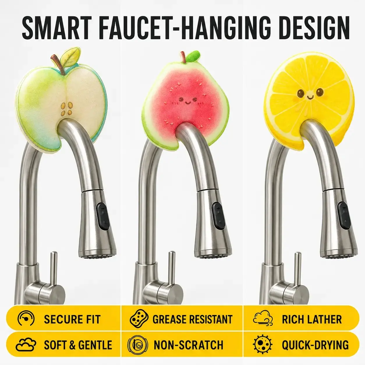 Fruit-shaped kitchen cleaning sponge; suitable for pots, pans, plates, and sinks; a reusable kitchen accessory.