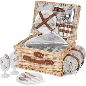 Picnic Basket Set for 2 - Wicker Picnic Basket with  Blanket & Insulated Liner, Large  Willow Hamper with Cutlery Kit for Outdoor, Picnic, Camping, Party, Holidays (Leaf)