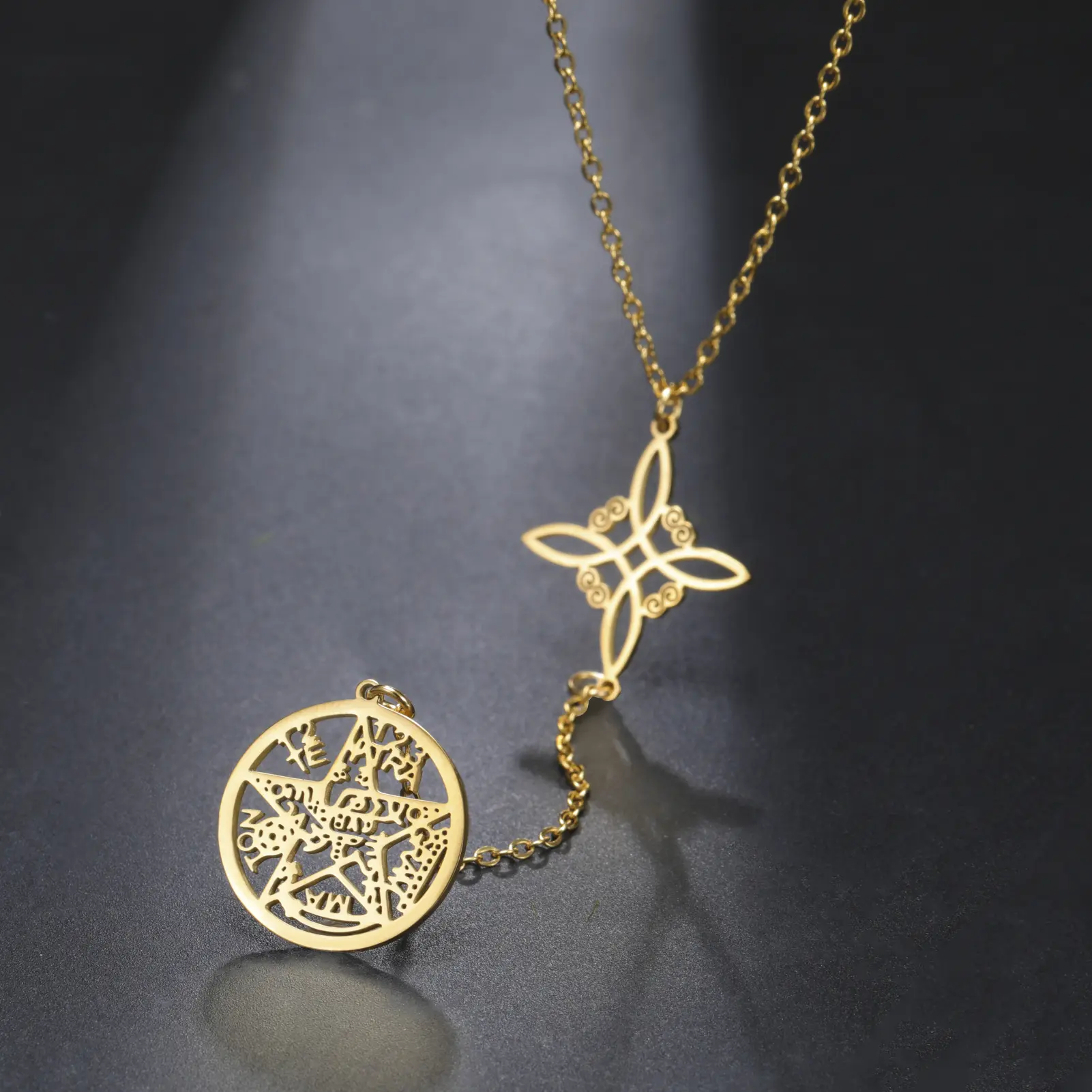 Double Amulet Protection Necklace witch Knot Pentagram Tetragrammaton Stainless Steel Protection Jewerly