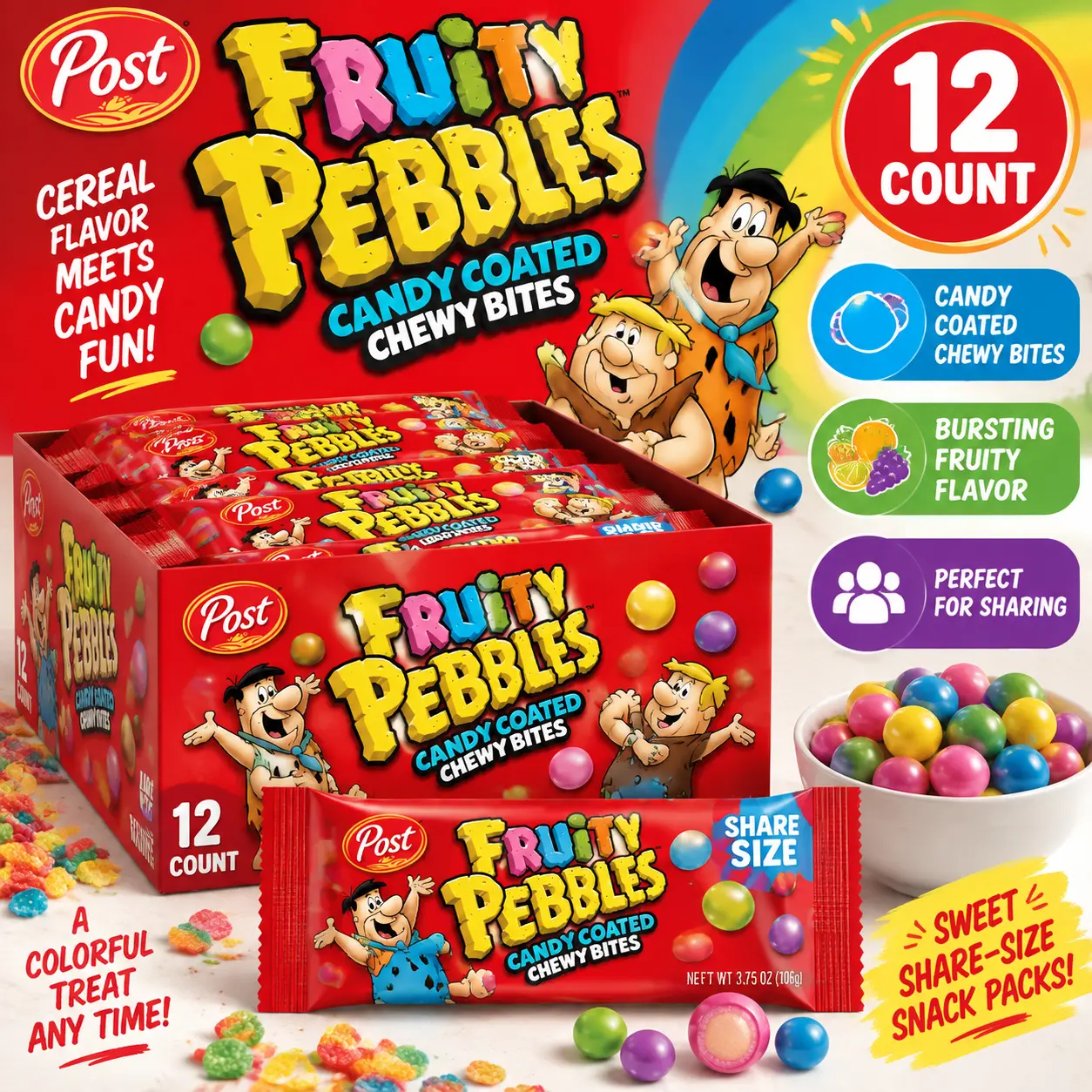 Fruity Pebbles Chew Bites, 3.75oz, 12-Count Fruity Cereal-Inspired Candies - Sweet Share-Size Snack Packs for Parties & Treats