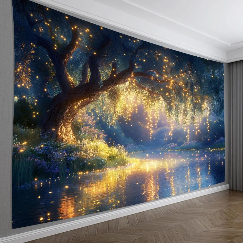 Forest Stream Tapestry] Forest Stream Background Tapestry - Enchanting polyester wall hanging with glowing trees and reflective water design - Easy to install, durable, ideal creative gift, forest decoration for living rooms, bedrooms, offices, soft peach