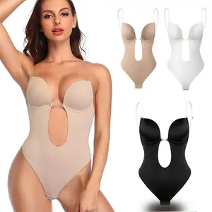 Women's U Plunge Backless Body Shaper Bra Low Back Thong Shapewear Deep V Full Body Invisible Bodysuit Plus Size S-2XL Black Beige Brown White
