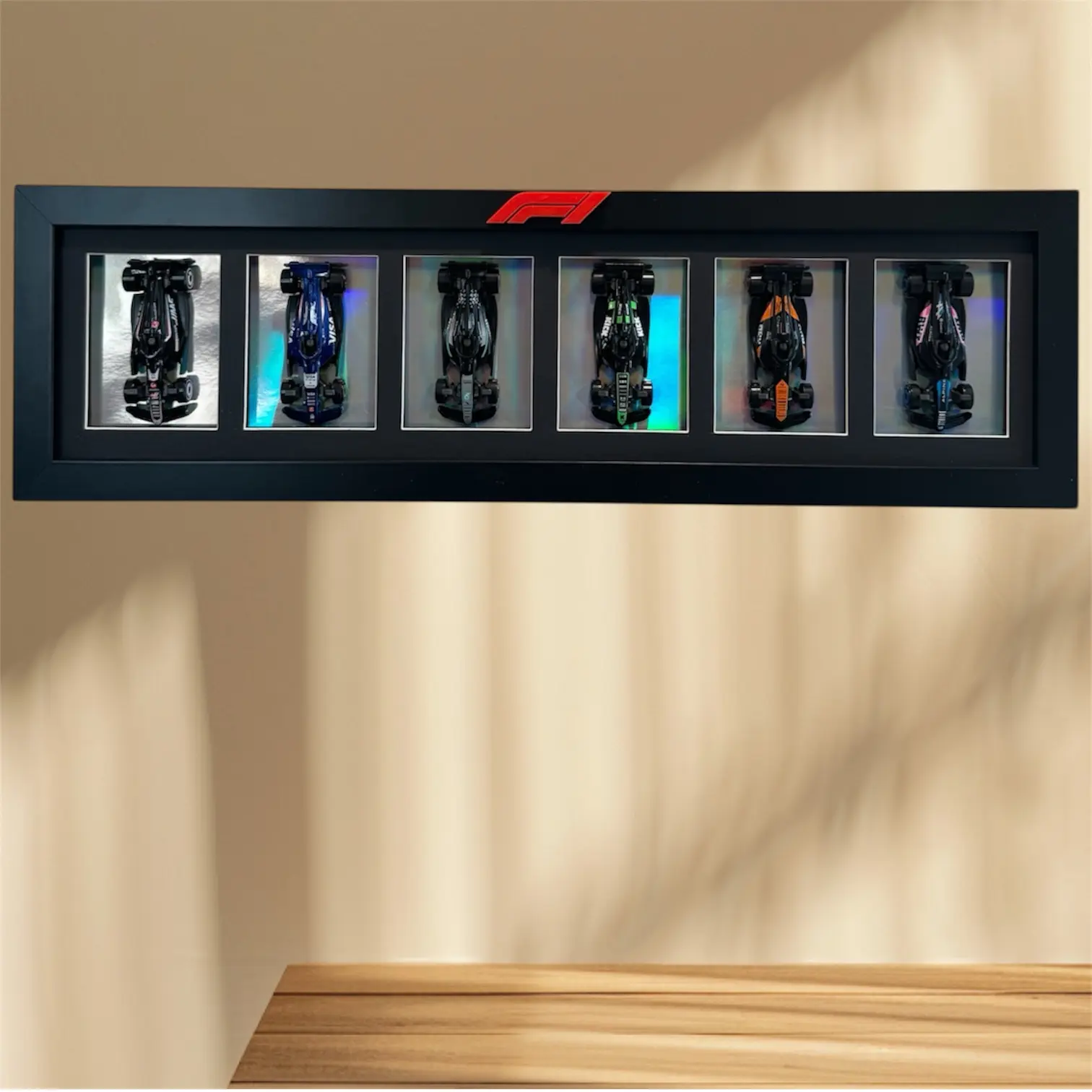 Holographic Hotwheels Display w/ Set of 6 Cars | Shelf Display or Wall Mount
