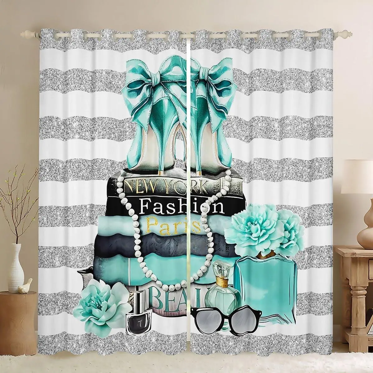 Paris Fashion Women Blackout Curtains Teal Silver Modern Window Treatments Magazine White Stripe Window Curtains Turquoise Rose Flower High Heel Makeup