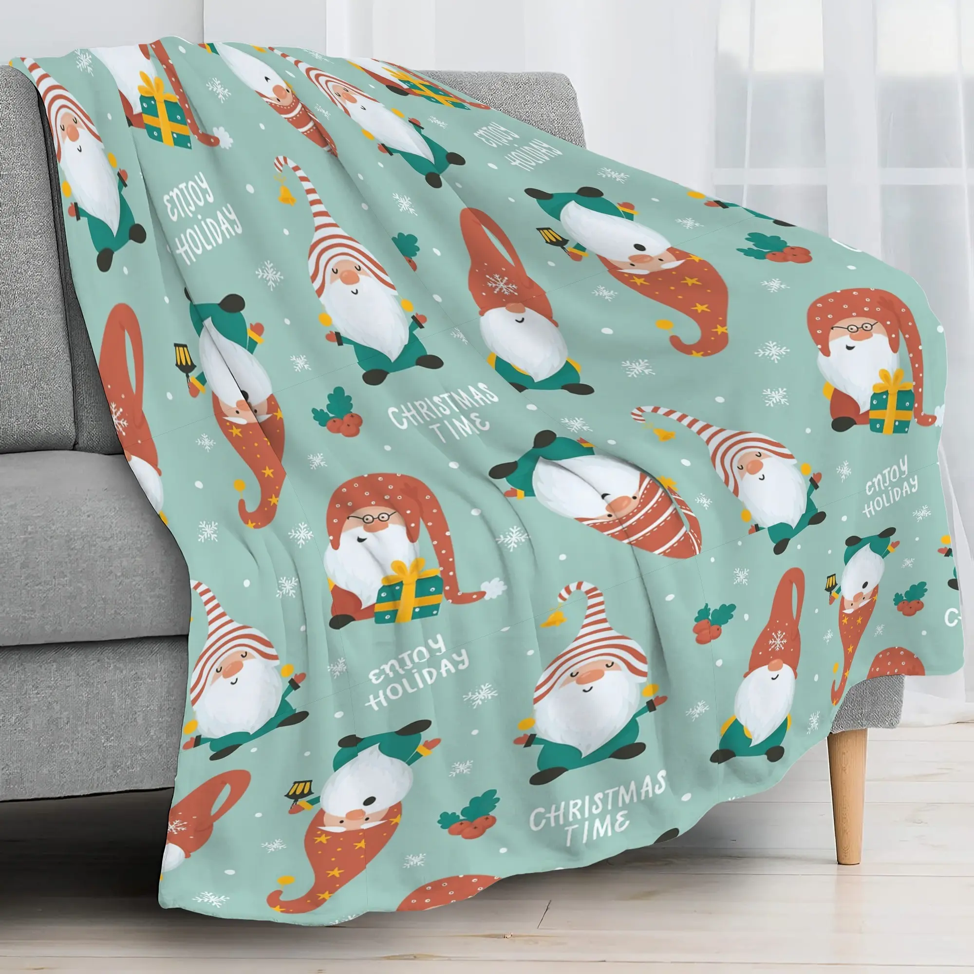 Christmas Theme Pygmy Elements printed Flannelette blanket - Digital print, Four seasons multi-purpose sports style knitted bedding - soft and lightweight gift, perfect for sofa, travel, camping, lunch break, home