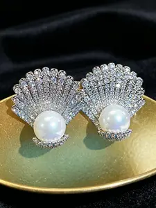 Shell Faux Pearl Full Diamond Earrings, Luxury Micro Pave Zircon Fan Shaped Stud Earrings, Sparkling Crystal Bridal Jewelry, Elegant Wedding Accessories, Perfect Gift for Her