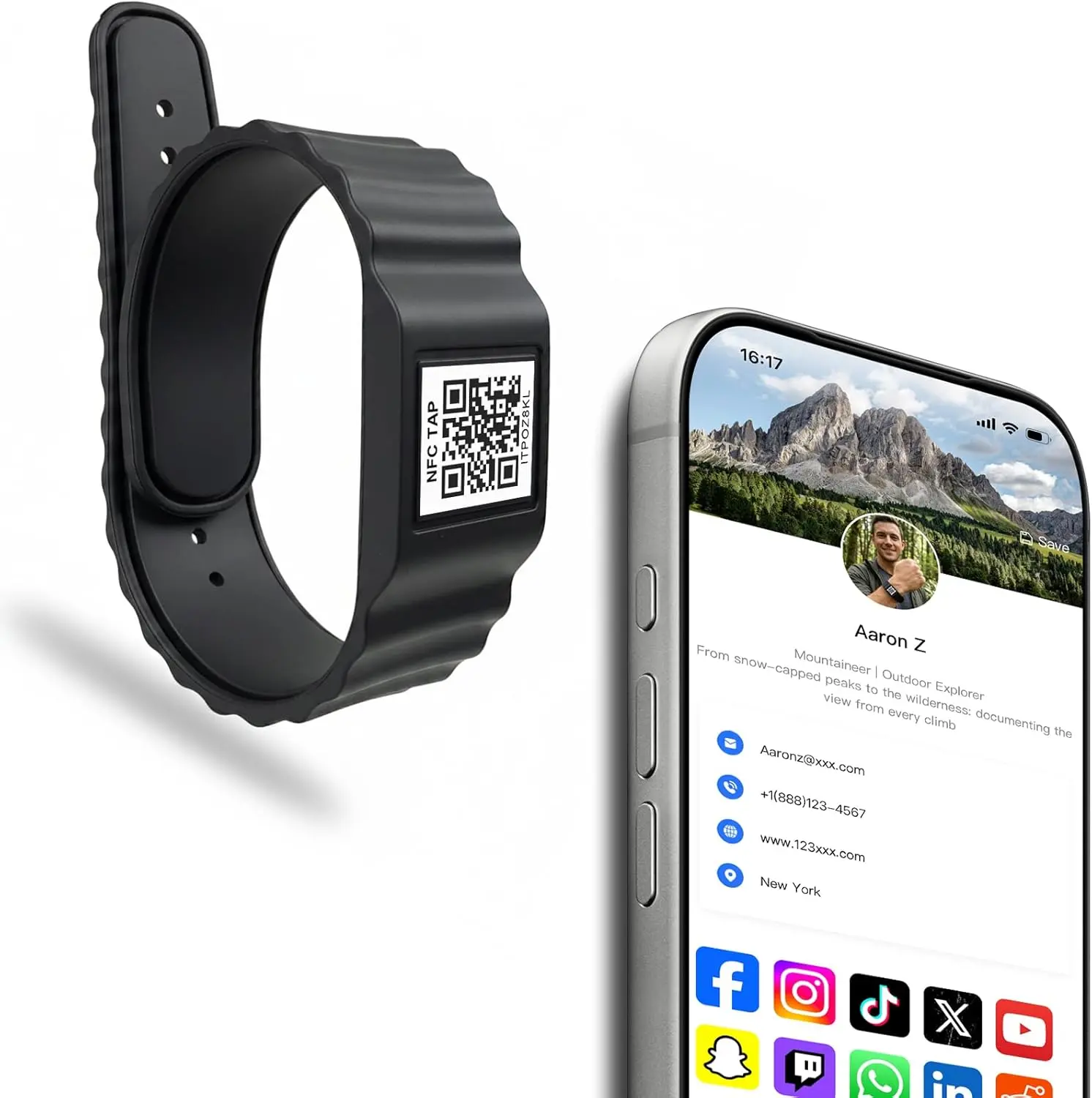 NFC Digital Business Card Wristband, Wearable Social Media Share Bracelet with QR Code, Waterproof Silicone Networking Tag for iPhone & Android, For Gym, Festivals, Outdoor & Business Events