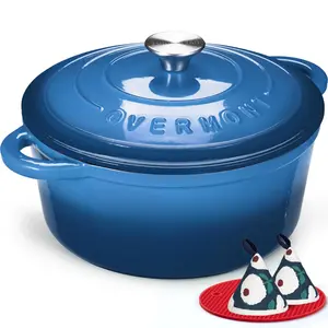 Overmont Blue Enamel Cast Iron Casserole Pot with Lid Durable Double-Handle Cookware for One-Pot Meals Family Dinners Meal Prep Stews Roasts & Homemade Bread Precision Heat Retention Moisture-Locking Flavor Preservation