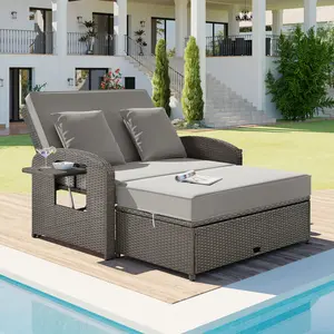PE Wicker Rattan Double Chaise Lounge, 2-Person Reclining Daybed with Adjustable Back and Cushions, Free Furniture Protection Cover