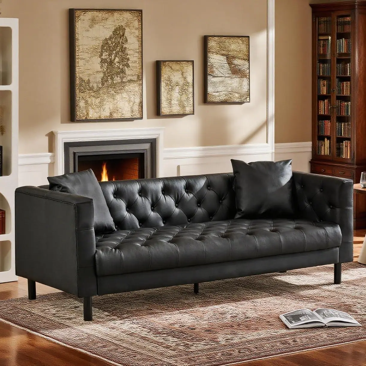 Gaomon 78" Mid-Century Modern Leather 3-Seater Sofa, Button-Tufted Deep Seat with 2 Pillows, Sofas for Living Room for Apartment & Office Use