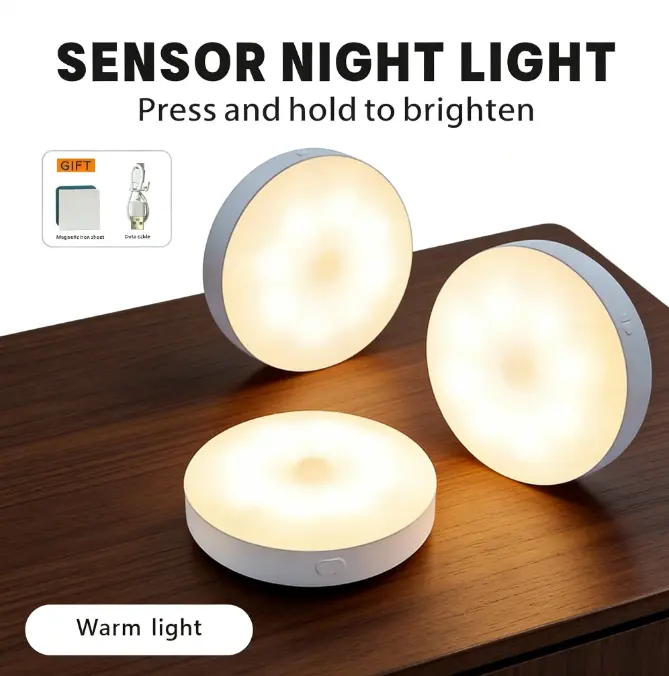 LED human body sensor indoor light, USB rechargeable night light with 2 lighting modes and a USB charging mode, wireless magnetic sticker night light suitable for stairs, wardrobes, and corridors — 3000K warm white light