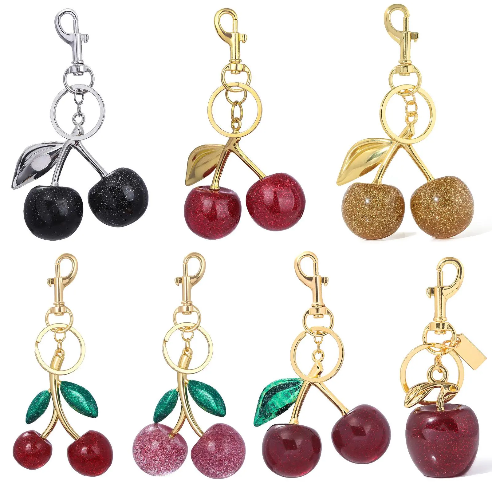 Delicious Exquisite Cherry Crystal Fruit Bag Charm Keychain Pink Cherry Keyring for Elegant Women Jewelry Accessories Gift