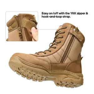 Men's tactical work boots, side zipper leather motorcycle combat shoes, lace walking shoes, men's closed and comfortable rubber foot orthotics work boots