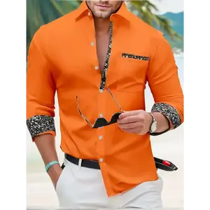 Men's Floral Patchwork Lapel Collar Design Casual Shirts, Long Sleeve Casual Button Up Shirt For Daily Wear