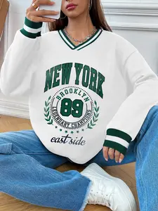 Women's Casual Patchwork V-Neck Sweater, New York Letter & Number 89 Print, Striped Cuffs and Hem, Fall Winter Comfortable Top