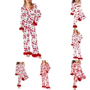 Mommy and Me Matching Soft Pajamas Cherry Bow Print Long Sleeve Lapel Tops and Pants Set Family Valentine's Day Homewear Sleepwear