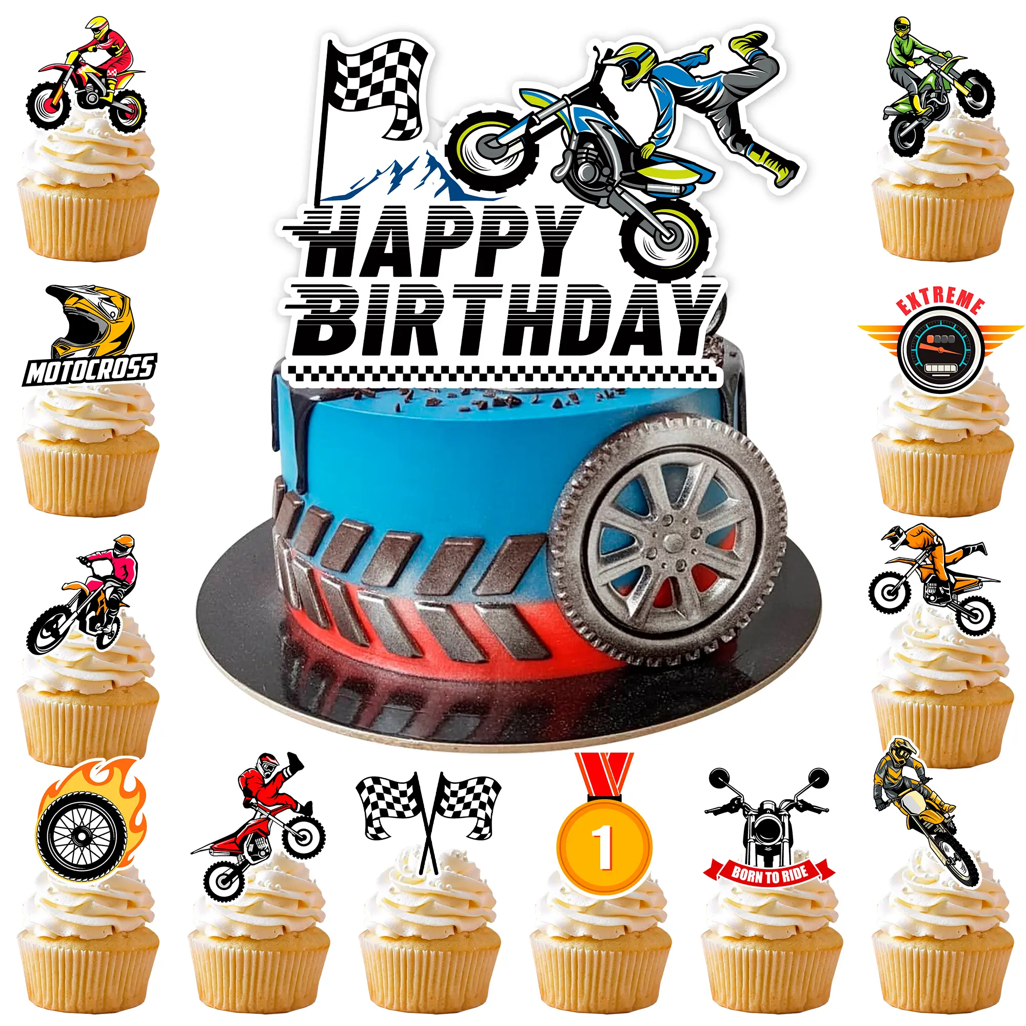 Motorcycle Cake Topper, 24 Pcs Motorcycle Cupcake Toppers/Dirtbike Cupcake Toppers + 1 Pcs Dirt Bike Cake Topper/Motorcycle Birthday Cake Decorations, for Dirt Bike Birthday Party Decorations Supplies