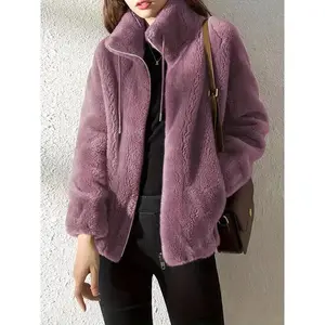 Drawstring jacket women's fur jacket, casual long sleeved zipper warm jacket, soft plush lining, very suitable for daily winter wear (gift)XFBN