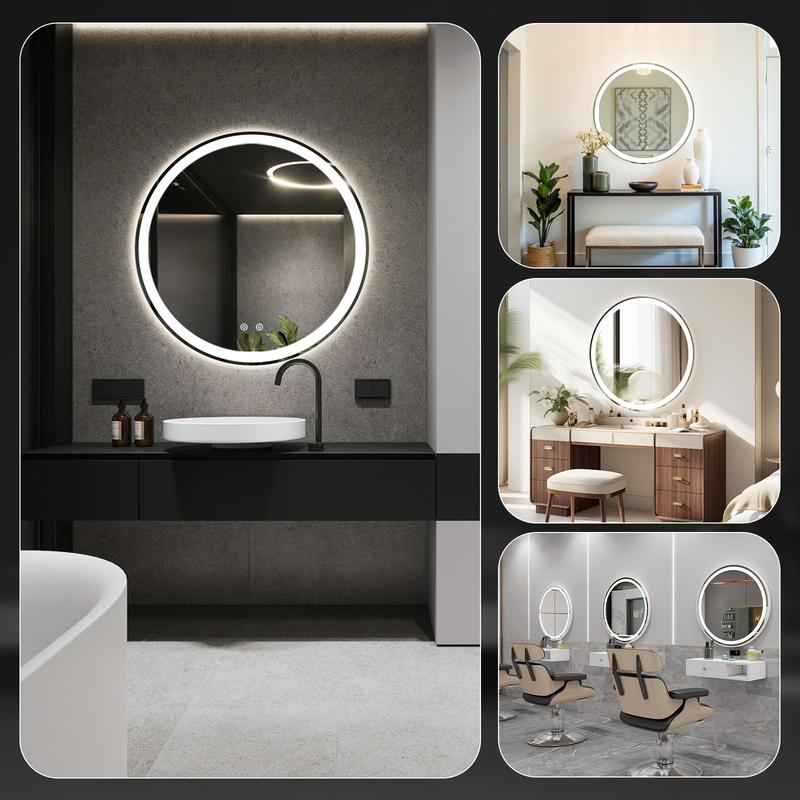 【Valentine's Day Gifts】Round LED Bathroom Mirror with Lights, Circle Vanity Mirror with Anti-Fog, Dimmable, 3-Color Light, Memory Function, Tempered Glass