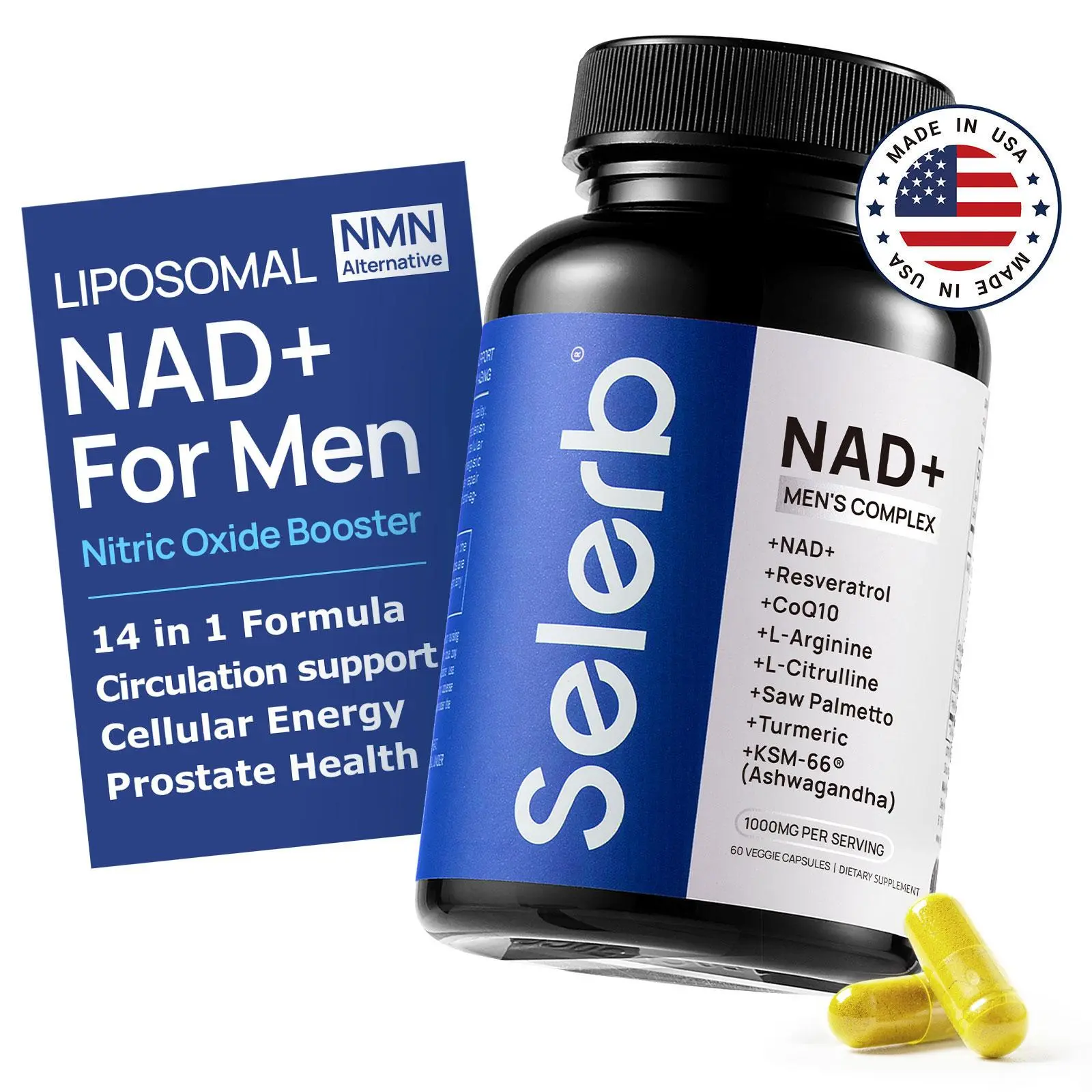 Selerb Liposomal NAD+ Dietary Supplement for Men, Advanced Herbal Blend with NAD+ & CoQ10, Daily Wellness Capsules for Cellular Vitality, Healthy Blood Flow & Prostate Nourishment Vitamin Edible Fitness Optimum