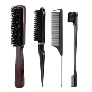 4pcs Boar Bristle Slick Back Hair Brush, Smooth Flyaways, Frizz Control, Sleek Ponytail, Buns, Edge Hair, Styling Accessories for All Genders