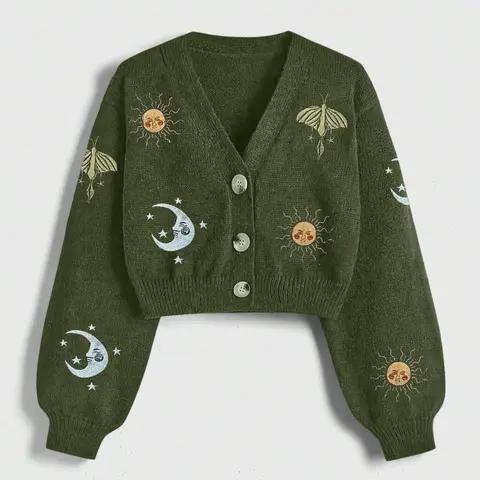 Women's Casual Elegant Knit Cardigan Sweater with Sun Moon Insect Embroidery Button Front Comfortable Warm Outerwear for Travel Commuting Fashion Elegance sweaters for women cardigan for women Womenswear Knitwear Style Casual Wear