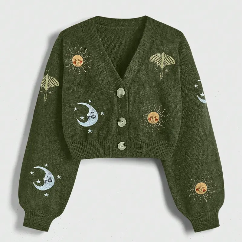 Women's Casual Elegant Knit Cardigan Sweater with Sun Moon Insect Embroidery Button Front Comfortable Warm Outerwear for Travel Commuting Fashion Elegance sweaters for women cardigan for women Womenswear Knitwear Style Casual Wear