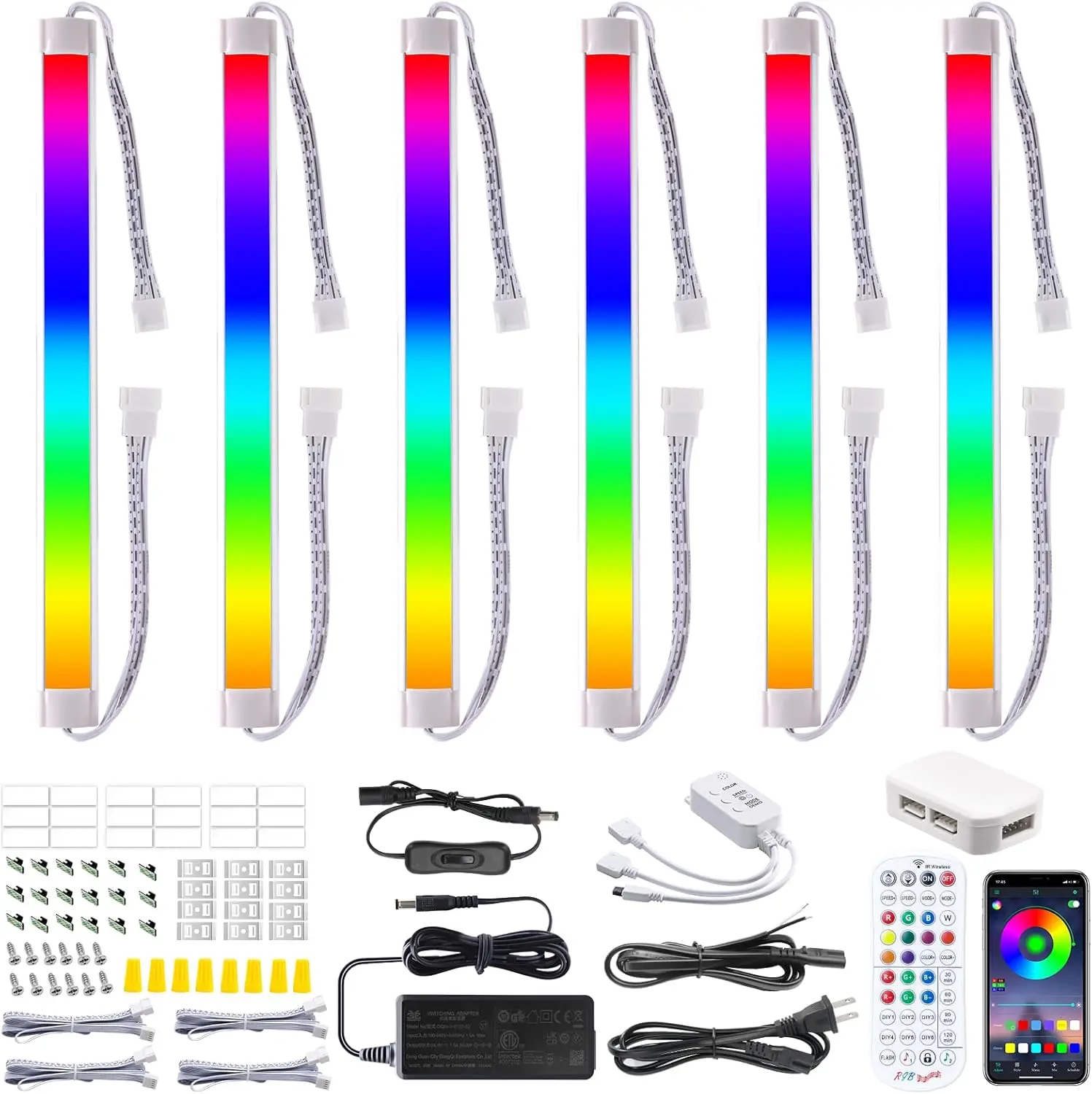 24V RGB Under Cabinet Lights – 6-Pack Linkable 18W RGB+Cool White Mood Lighting, Remote & APP Control, Plug-in/Hardwired, for Kitchen Counter, Includes AC Power Supply, Extension Cords & Cable Clips