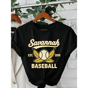 Women's Funny Baseball & Banana Print T-Shirt - Featuring "Savannah EST. 2016 Baseball" Graphic, Spring & Summer Casual Crew Neck Short Sleeve Top, Pink with Green & Yellow Accents, Lightweight Polyester Blend, Baseball Tee tiktokshopspringglowup,summervi