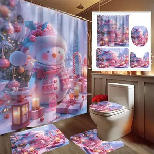 1/4 pc Christmas Design: Pink-themed Christmas snowman and gift pattern, shower curtain set, non-slip mat, U-shaped rug, toilet seat cover, Bathroom supplies, perfect for bathroom decoration, includes 12 shower curtain hooks