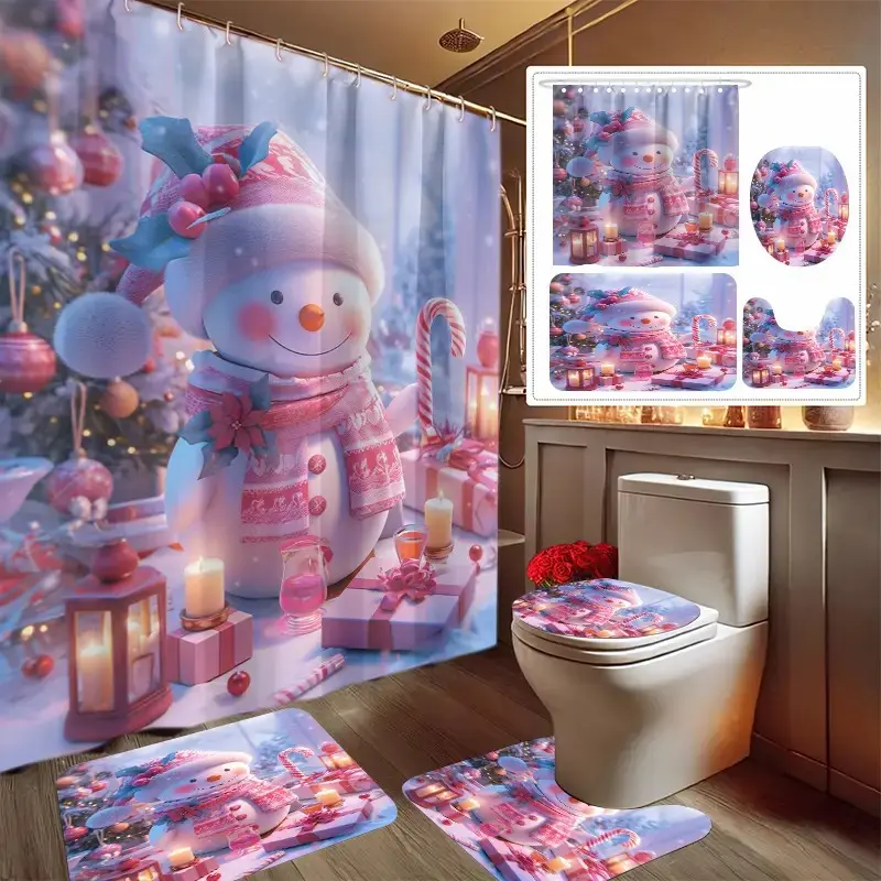 1/4 pc Christmas Design: Pink-themed Christmas snowman and gift pattern, shower curtain set, non-slip mat, U-shaped rug, toilet seat cover, Bathroom supplies, perfect for bathroom decoration, includes 12 shower curtain hooks