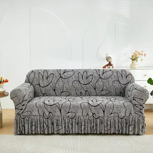Elastic Skirt Sofa Cover, Abstract Floral Print, Simple Line Floral Elastic Sofa Cover, Pet-Proof Protector, Couch Cover