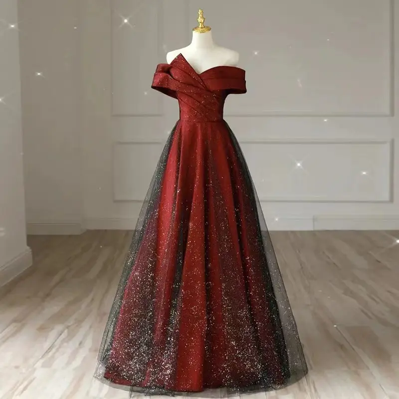Women's Uni Luxe Red 2026 Bridal Ball Gown - Off-the-Shoulder, Slim-Fitting, Flattering, Elegant, Simple & Generous Wedding Dress, Lady, Clothes, Plus Size, Off Shoulder, Puff Sleeves, Sweet Look, Multi-Size, Spring, Floor Length
