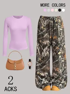 Women's Two-Piece Set Outfit, Slim Fit Long Sleeve T-Shirt & Camo Wide Leg Pants, High Stretch Knit Fabric, Casual Everyday Streetwear Style