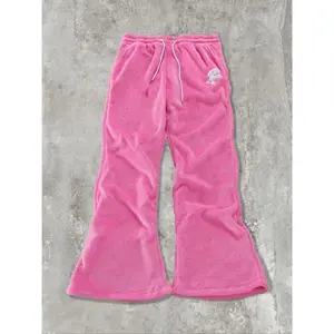 Solid Color Letter Embroidery Drawstring Waist Fuzzy Sweatpants, Thermal Warm Casual Comfy Pocket Design Flare Leg Trousers for Daily Wear, Unisex Bottoms for All Seasons, Baggy Jogging Pants, Casual Streetwear Pants