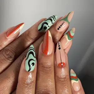 24pcs Almond Nail Art Set, Retro Modern Abstract Design, Colorful Wave Stripes, Curves & Dots, Perfect for Unique Vintage Style