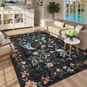 Peacock Floral Print Rug Washable Area Rug Farmhouse Non-slip Decorative Carpet Low Pile Non-linting for Bedroom Dining Room Office