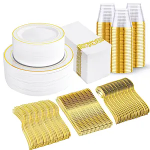 I00000 Gold/Silver/Rose/WhiteGold Disposable Plates and Silverware Set: Dinner Plates,Dessert Plates, Cups,Napkins,Knife, forks, spoons-Perfect for Party