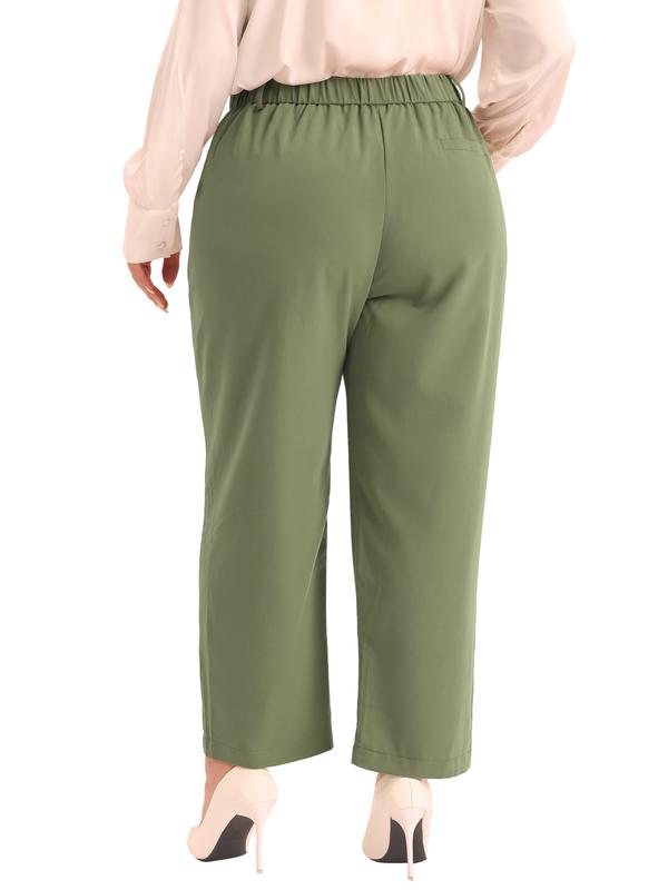 Agnes Orinda Plus Size High Elastic Waisted Long Straight Suit Pants with Pockets Army Green