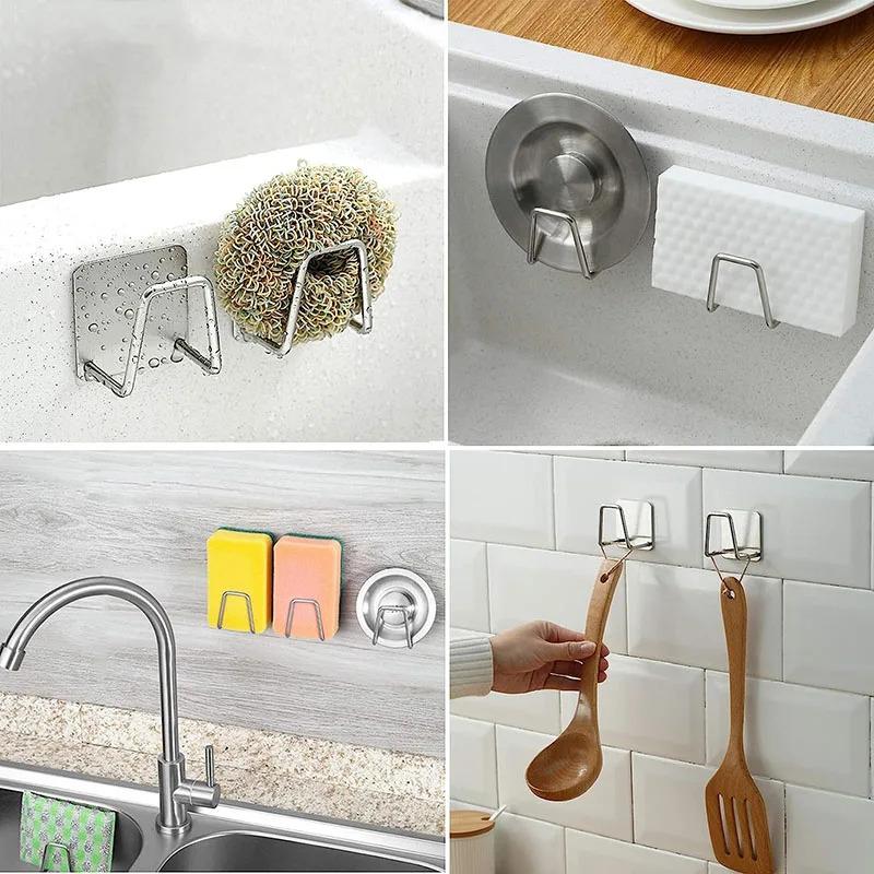 Kitchen Stainless Steel Sink Sponges Holder Drain Drying Rack Self Adhesive Storage Holder Wall Hooks Kitchen Organizer Tool