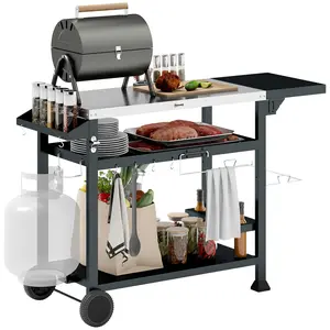 Outsunny Outdoor Grill Cart with Foldable Side Table, 46" x 21.75" Multifunctional Stainless Steel Pizza Oven Stand with Three-Shelf, Movable Food Prep Table on Wheels, Black
