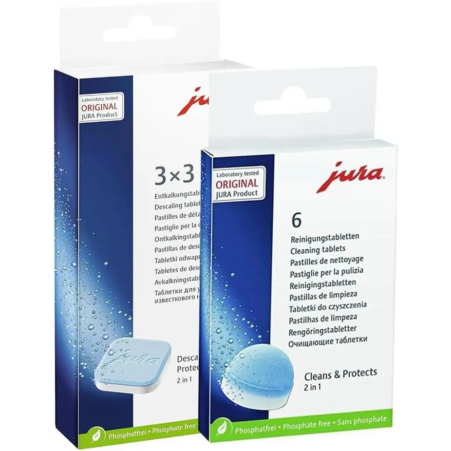 2-Phase Cleaning Tablet 6-Pack and 66281 Decalciying Tablets 9-Pack for All Jura Machines