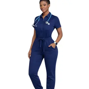 Heart Align Scrubs Women’s Scrub Jumpsuit – Short Sleeve Medical Uniform, Zipper Front, Multiple Pockets, Navy Blue