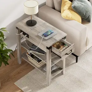 End Table with Charging Station, Narrow Flip Top Side Table with Drawer, Shelves for Living Room, Bedroom, Small Spaces