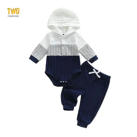 Baby Boy Fall Witer Clothes Contrast Color Long Sleeve Hood Romper Solid Color Long Pants 2 Pcs Outfit