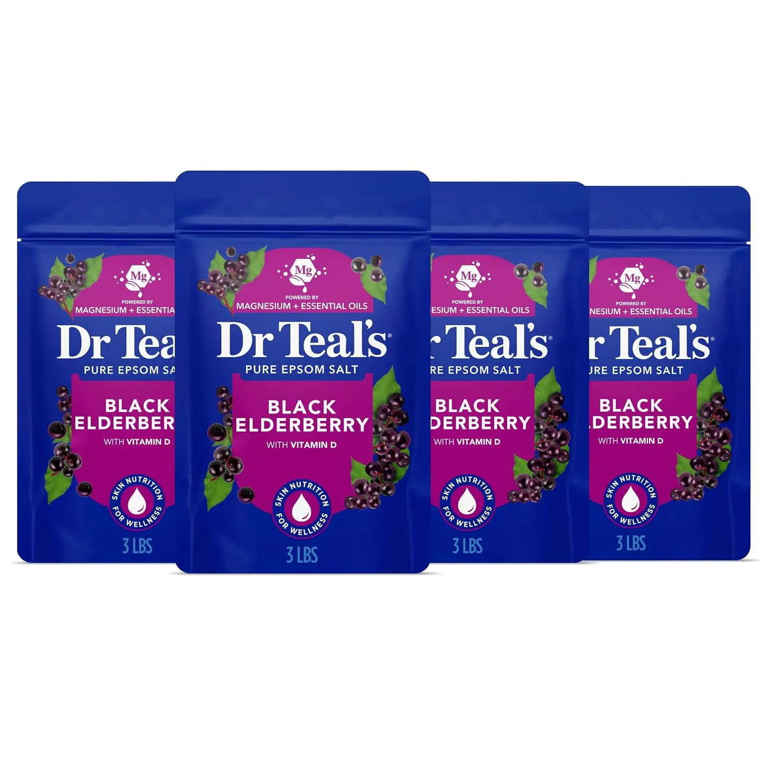 Dr Teal's Epsom Salt Magnesium Soak, Black Elderberry, 3 lbs | Vitamin D infused, Pack of 4