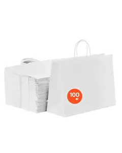 Eco-Friendly Kraft Paper Bags With Handles, White, Bulk Pack Of 100, 16 X 6 X 12 Inches, Party Shopping Retail Bags For Gifts And Favors, Light Yet Durable, Food Safe, Recyclable Packaging, Flat Bottom Design